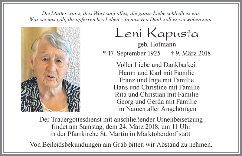 Traueranzeige von Leni Kapusta von Allgäuer Zeitung, Marktoberdorf