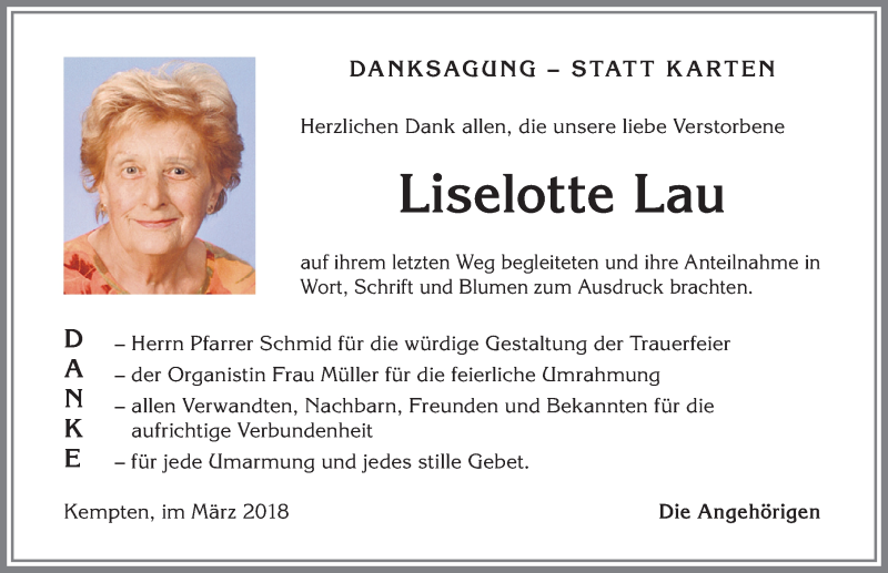 Traueranzeige von Liselotte Lau von Allgäuer Zeitung,Kempten