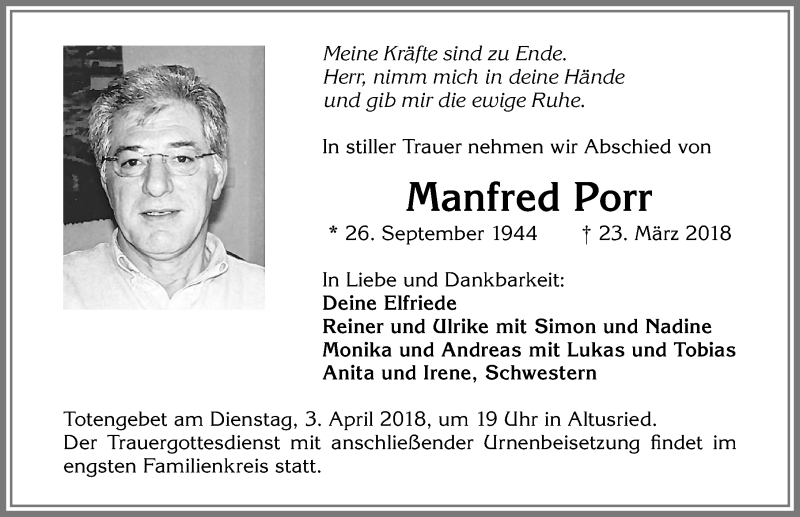 Traueranzeige von Manfred Porr von Allgäuer Zeitung,Kempten
