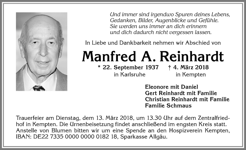 Traueranzeige von Manfred A. Reinhardt von Allgäuer Zeitung,Kempten