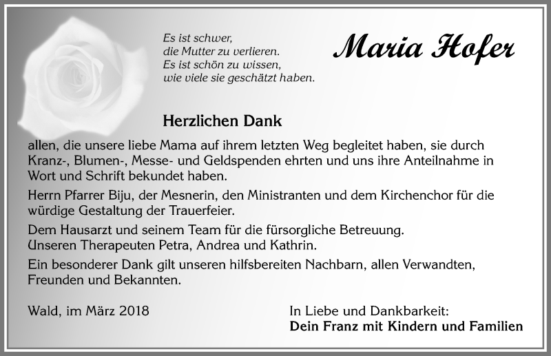 Traueranzeige von Maria Hofer von Allgäuer Zeitung, Marktoberdorf