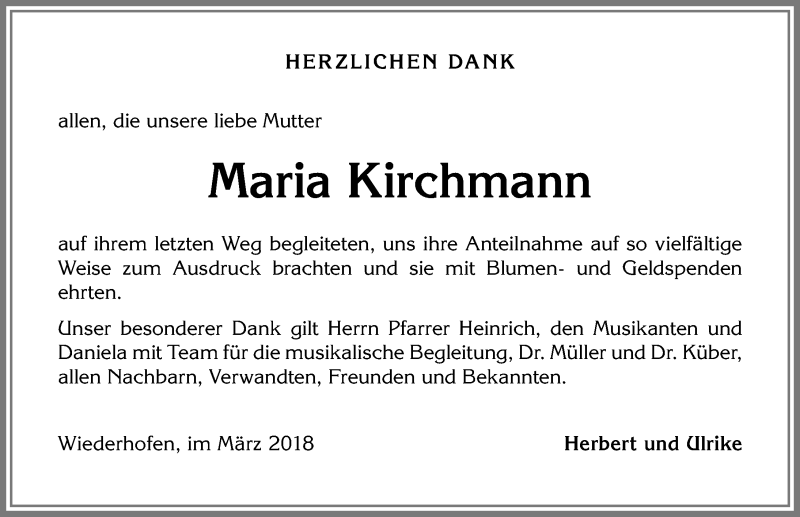 Traueranzeige von Maria Kirchmann von Allgäuer Anzeigeblatt