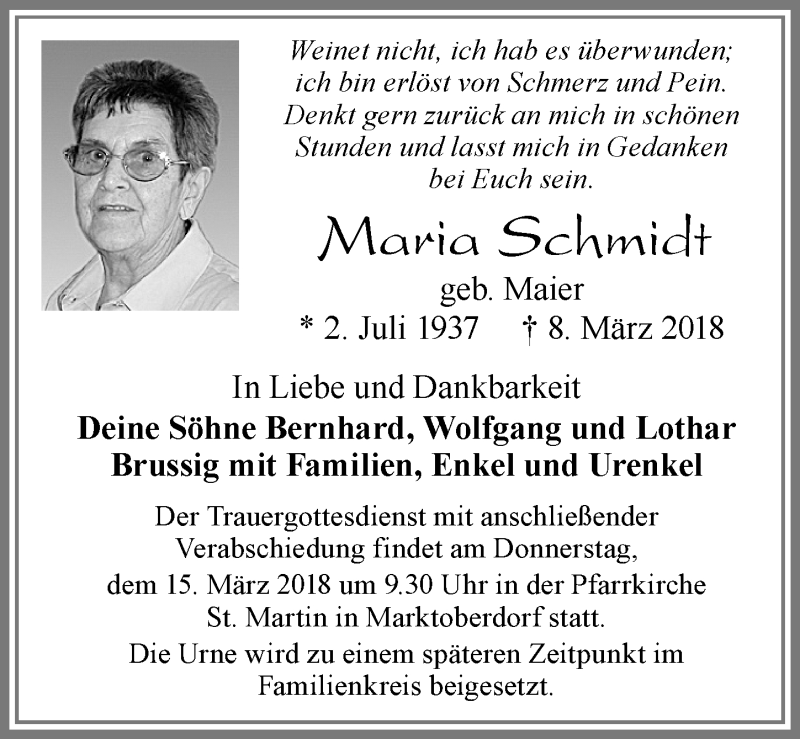 Traueranzeige von Maria Schmidt von Allgäuer Zeitung, Marktoberdorf