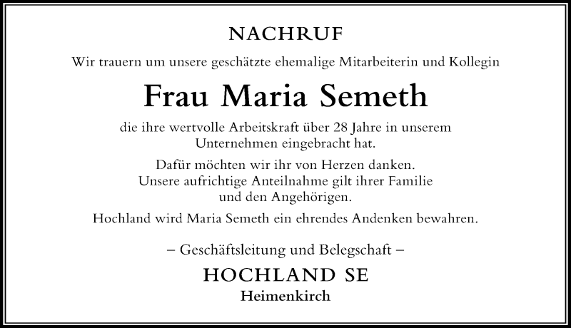 Traueranzeige von Maria Semeth von Der Westallgäuer