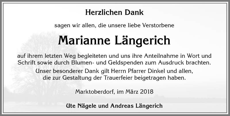 Traueranzeige von Marianne Längerich von Allgäuer Zeitung, Marktoberdorf