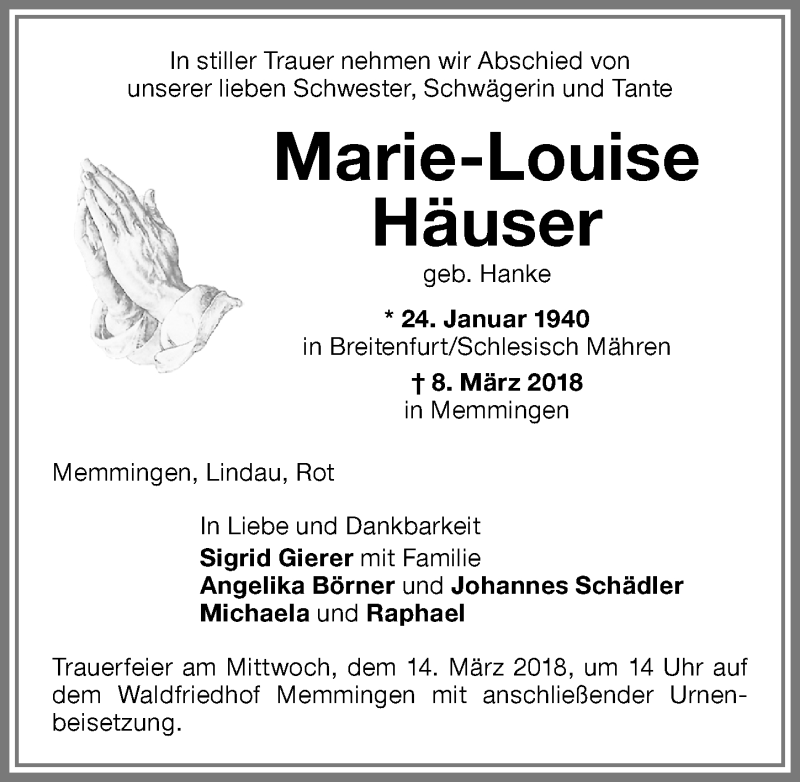 Traueranzeige von Marie-Louise Häuser von Memminger Zeitung