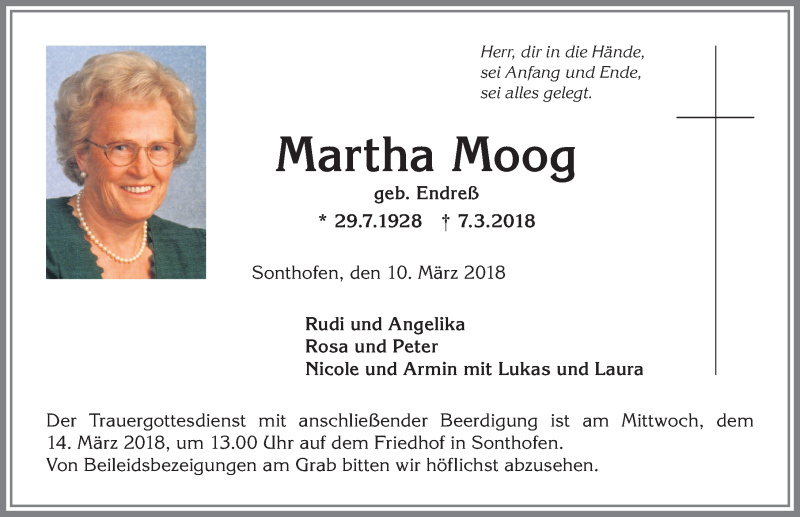 Traueranzeige von Martha Moog von Allgäuer Anzeigeblatt