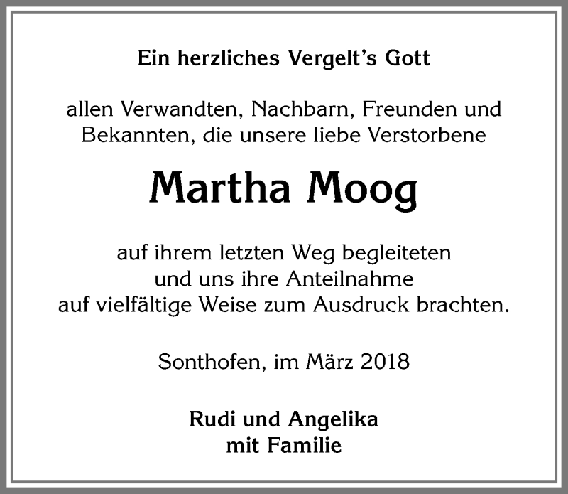 Traueranzeige von Martha Moog von Allgäuer Anzeigeblatt