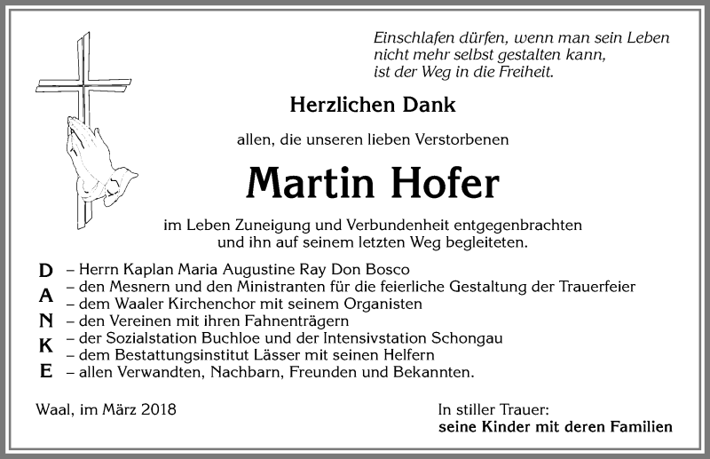 Traueranzeige von Martin Hofer von Allgäuer Zeitung, Kaufbeuren/Buchloe