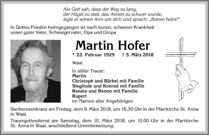 Traueranzeige von Martin Hofer von Allgäuer Zeitung, Kaufbeuren/Buchloe