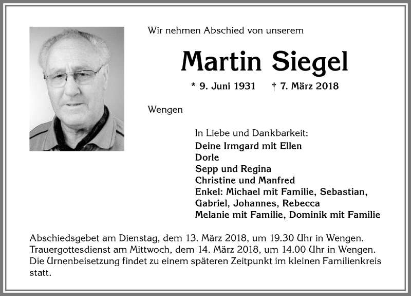 Traueranzeige von Martin Siegel von Allgäuer Zeitung