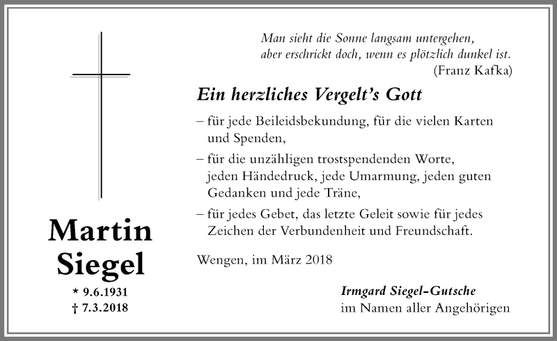 Traueranzeige von Martin Siegel von Allgäuer Zeitung