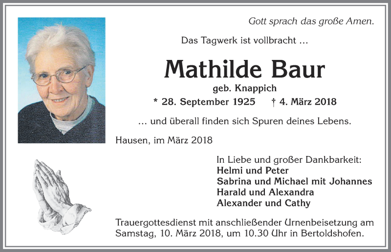 Traueranzeige von Mathilde Baur von Allgäuer Zeitung, Marktoberdorf