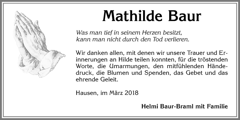 Traueranzeige von Mathilde Baur von Allgäuer Zeitung, Marktoberdorf