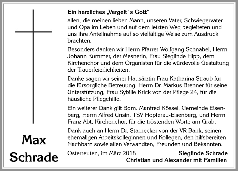 Traueranzeige von Max Schrade von Allgäuer Zeitung, Füssen