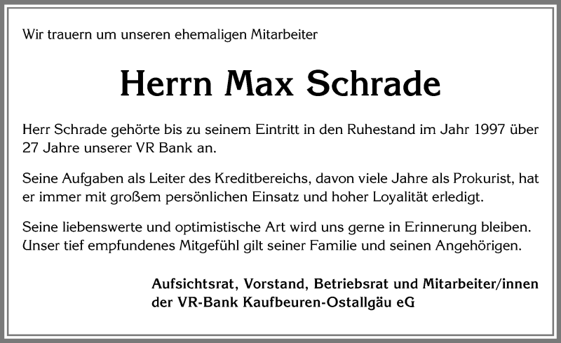 Traueranzeige von Max Schrade von Allgäuer Zeitung