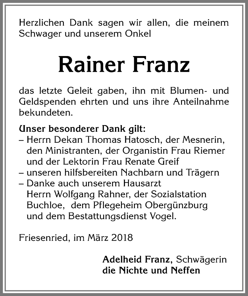 Traueranzeige von Rainer Franz von Allgäuer Zeitung, Kaufbeuren/Buchloe