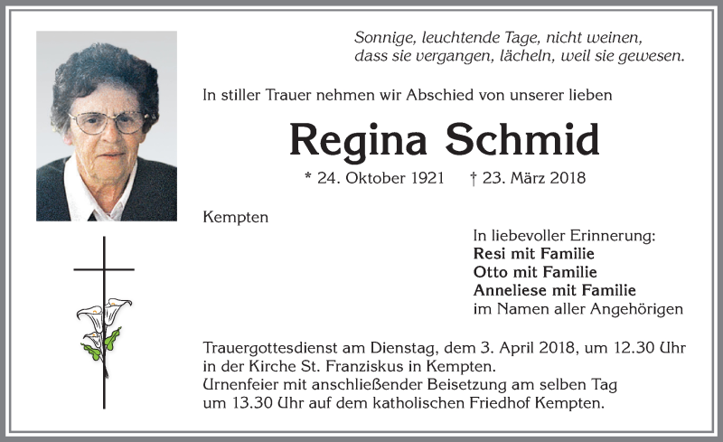 Traueranzeige von Regina Schmid von Allgäuer Zeitung,Kempten