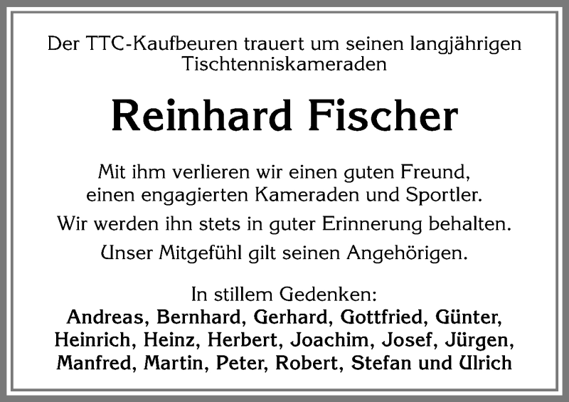 Traueranzeige von Reinhard Fischer von Allgäuer Zeitung, Kaufbeuren/Buchloe