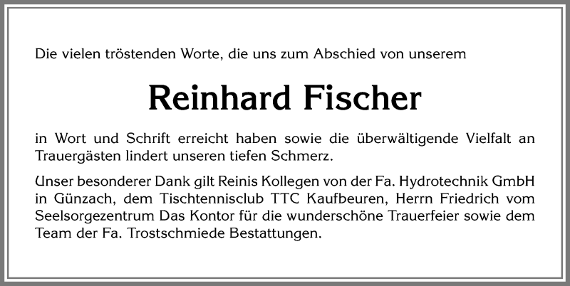 Traueranzeige von Reinhard Fischer von Allgäuer Zeitung, Kaufbeuren/Buchloe