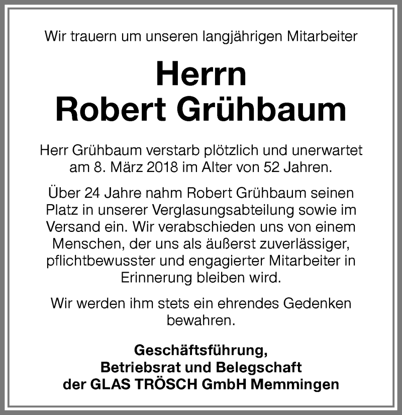 Traueranzeige von Robert Grühbaum von Memminger Zeitung