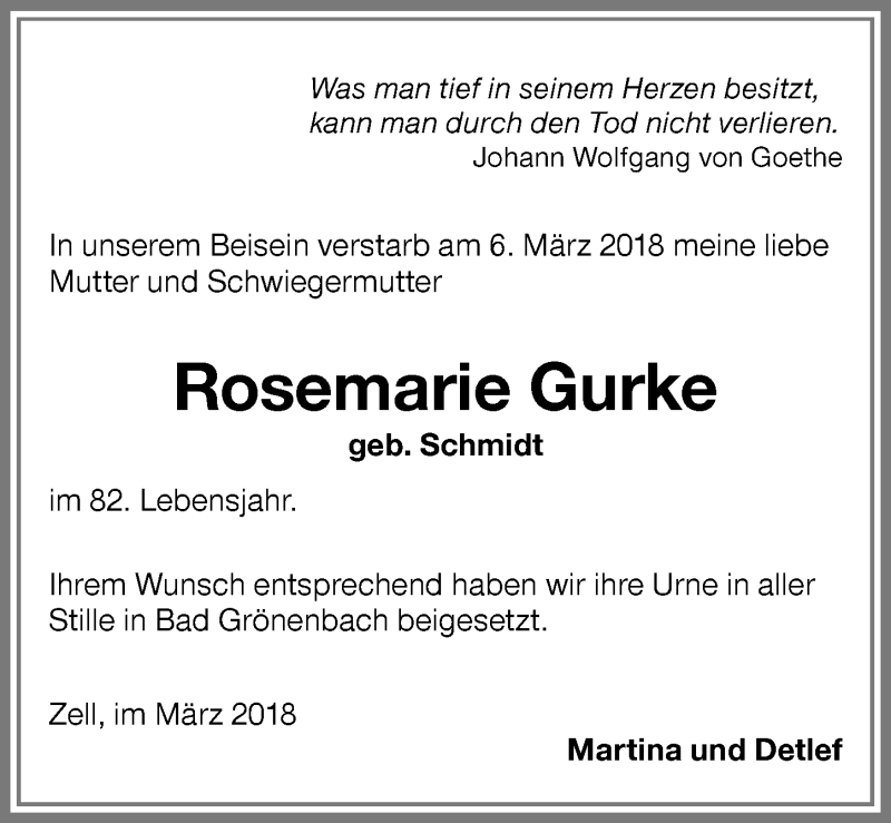 Traueranzeige von Rosemarie Gurke von Memminger Zeitung