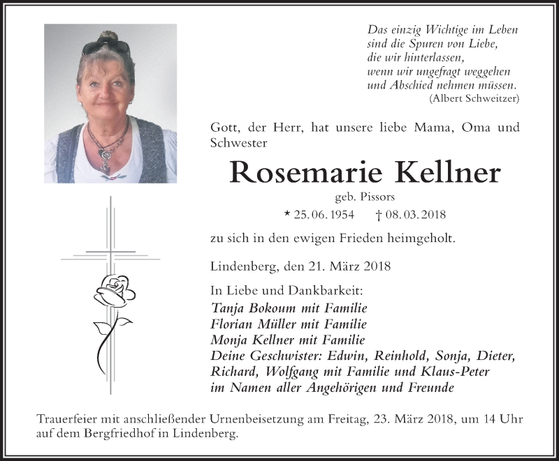 Traueranzeige von Rosemarie Kellner von Der Westallgäuer