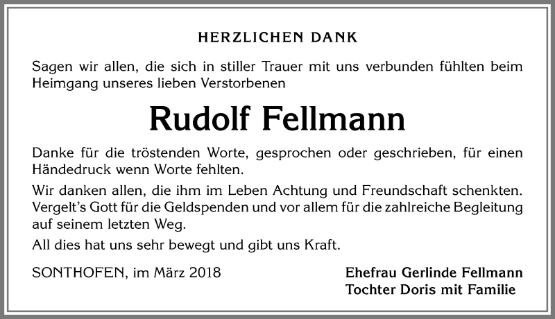 Traueranzeige von Rudolf Fellmann von Allgäuer Anzeigeblatt