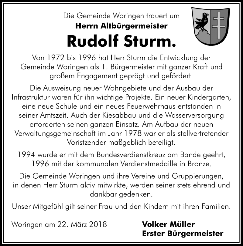 Traueranzeige von Rudolf Sturm von Memminger Zeitung