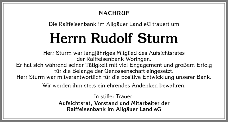 Traueranzeige von Rudolf Sturm von Memminger Zeitung