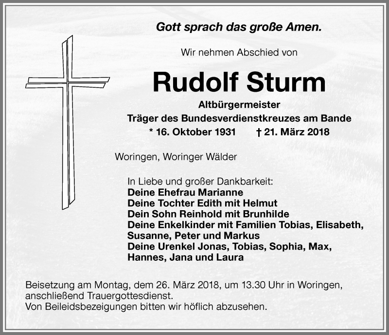 Traueranzeige von Rudolf Sturm von Memminger Zeitung