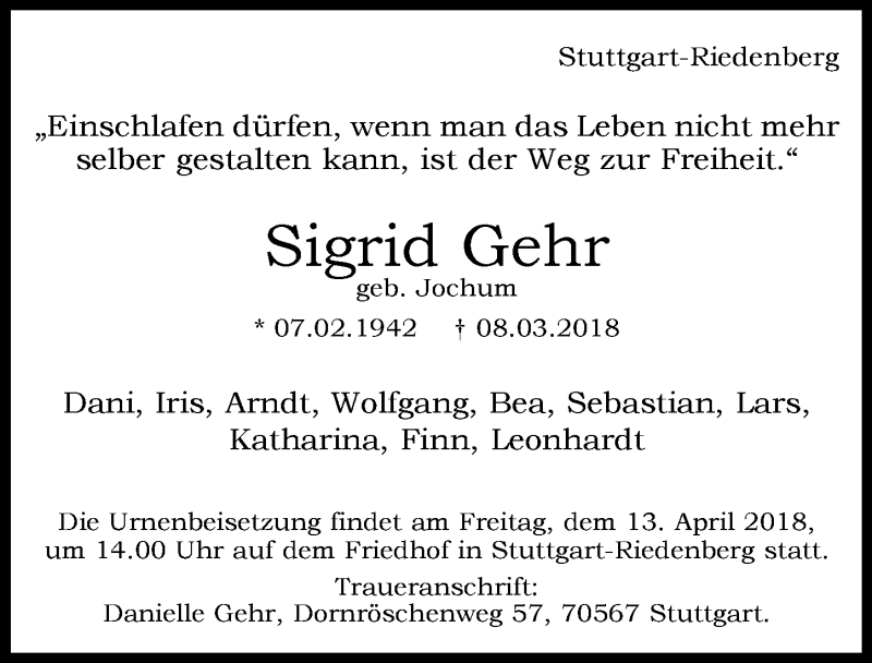 Traueranzeige von Sigrid Gehr von Allgäuer Zeitung, Marktoberdorf