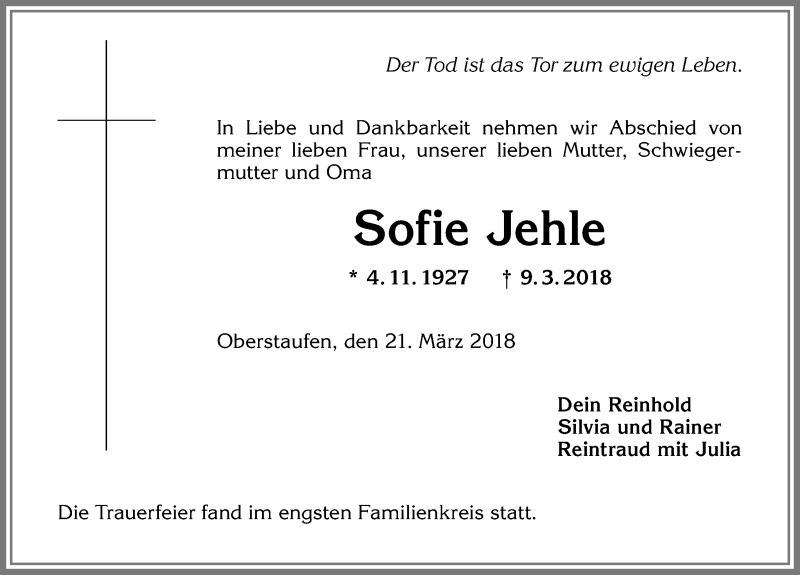 Traueranzeige von Sofie Jehle von Allgäuer Anzeigeblatt