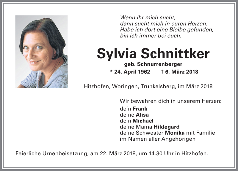 Traueranzeige von Sylvia Schnittker von Memminger Zeitung