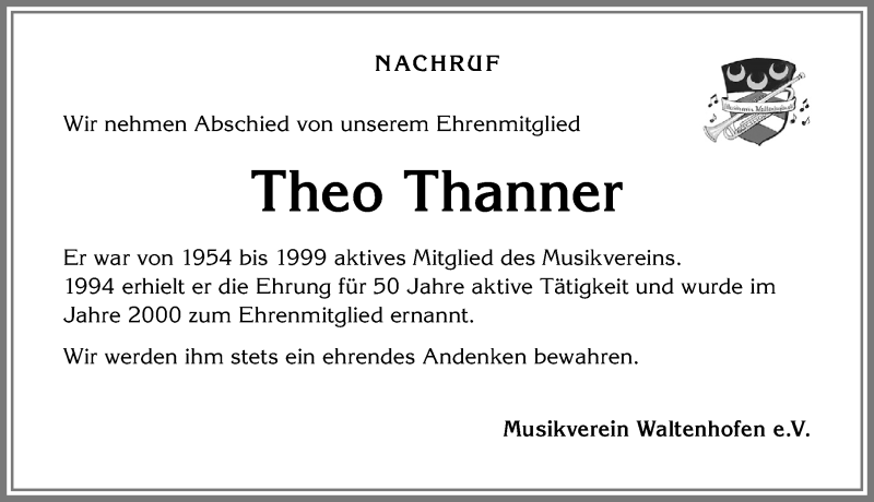 Traueranzeige von Theo Thanner von Allgäuer Zeitung,Kempten