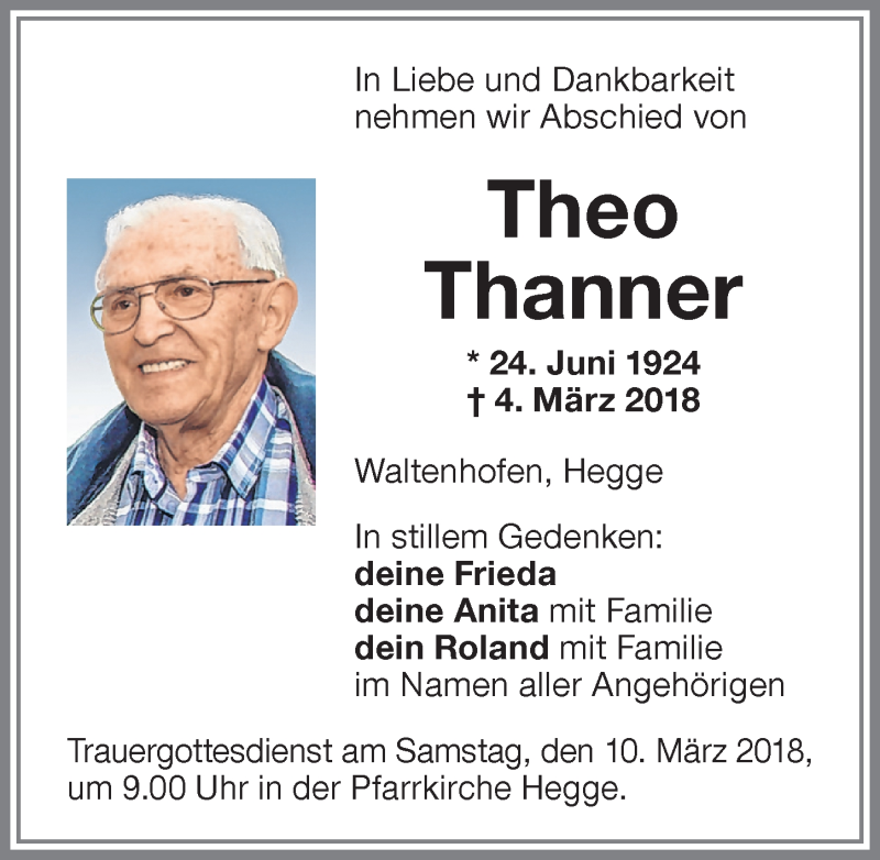 Traueranzeige von Theo Thanner von Allgäuer Zeitung,Kempten