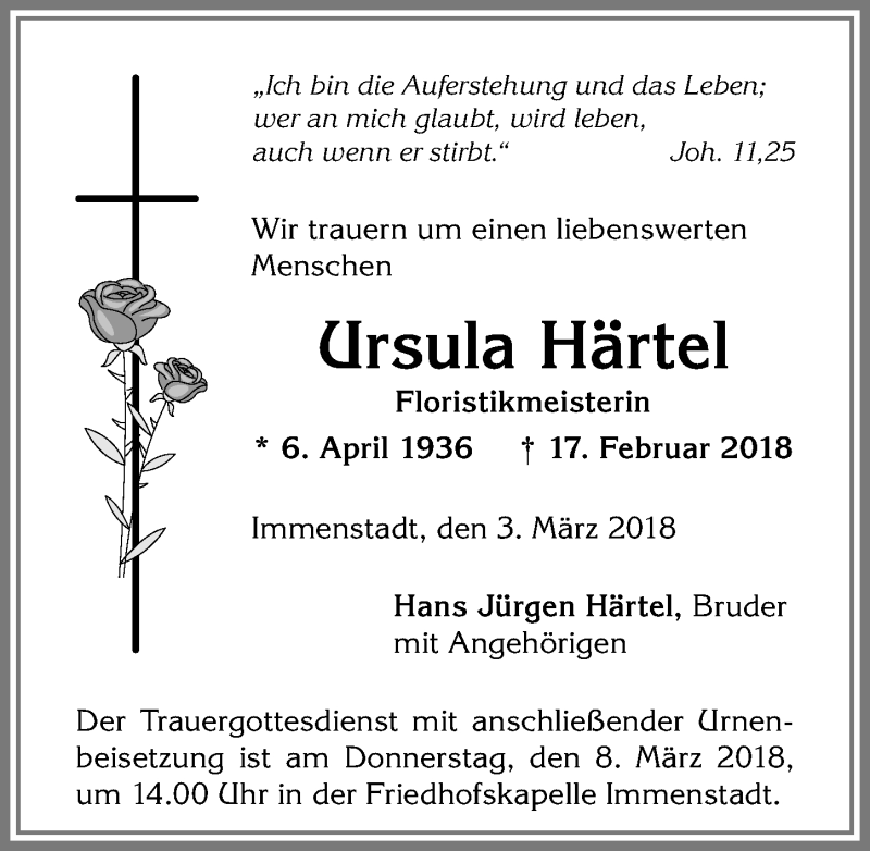 Traueranzeige von Ursula Härtel von Allgäuer Anzeigeblatt