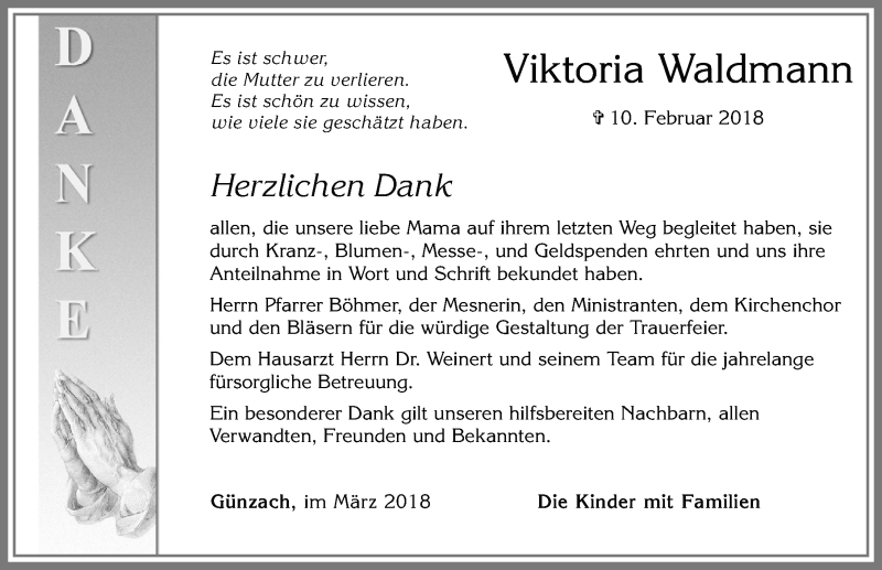 Traueranzeige von Viktoria Waldmann von Allgäuer Zeitung