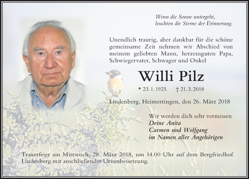  Traueranzeige für Willi Pilz vom 26.03.2018 aus Der Westallgäuer