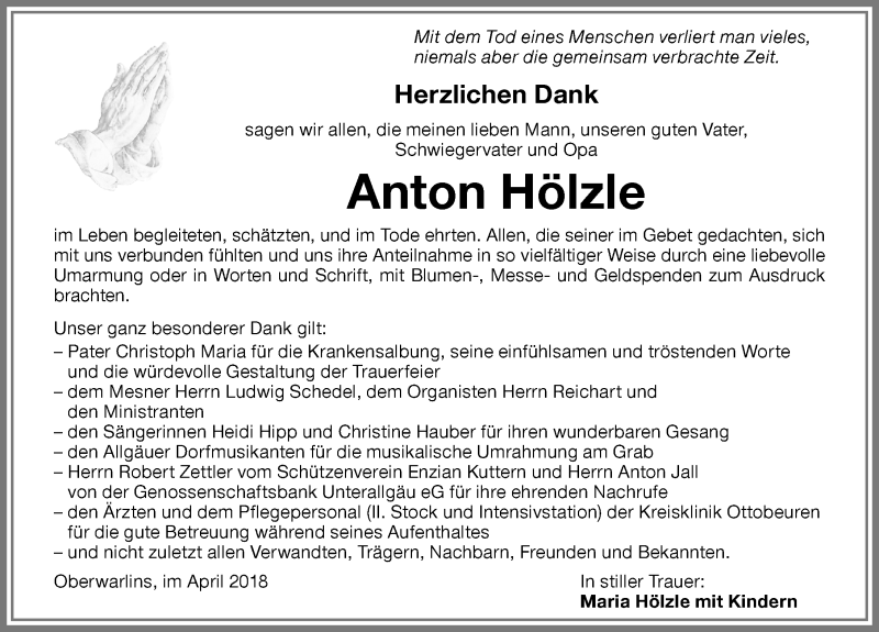 Traueranzeige von Anton Hölzle von Memminger Zeitung