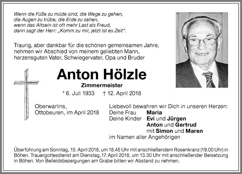 Traueranzeige von Anton Hölzle von Memminger Zeitung