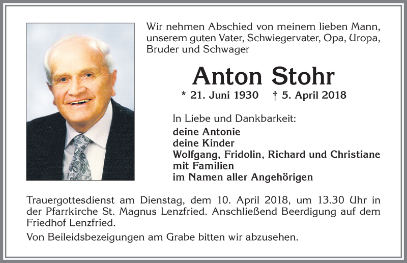 Traueranzeige von Anton Stohr von Allgäuer Zeitung,Kempten