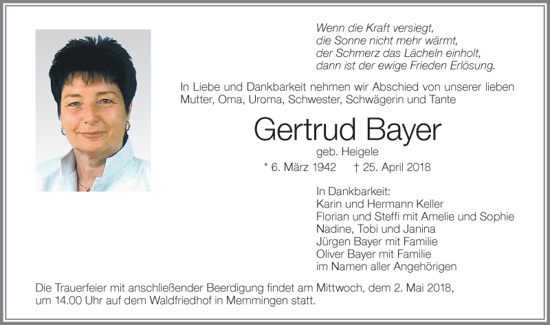 Traueranzeige von Gertrud Bayer von Memminger Zeitung