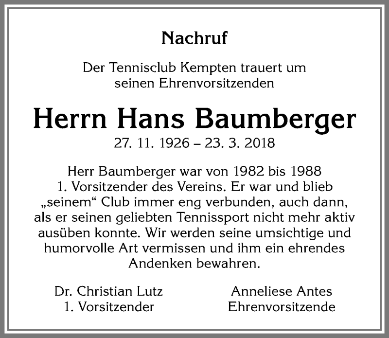 Traueranzeige von Hans Baumberger von Allgäuer Zeitung,Kempten