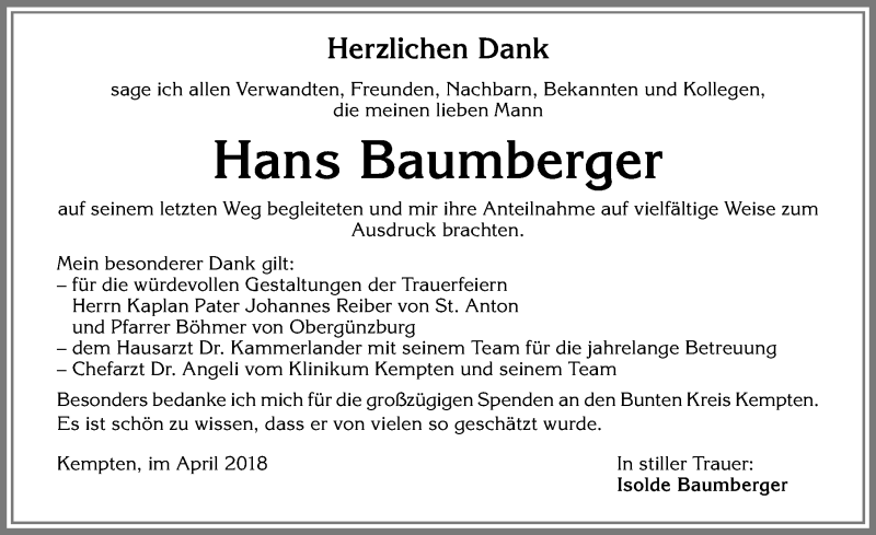 Traueranzeige von Hans Baumberger von Allgäuer Zeitung,Kempten