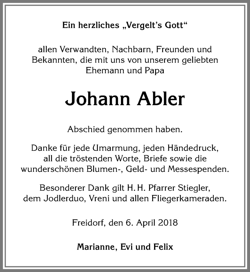 Traueranzeige von Johann Abler von Allgäuer Anzeigeblatt