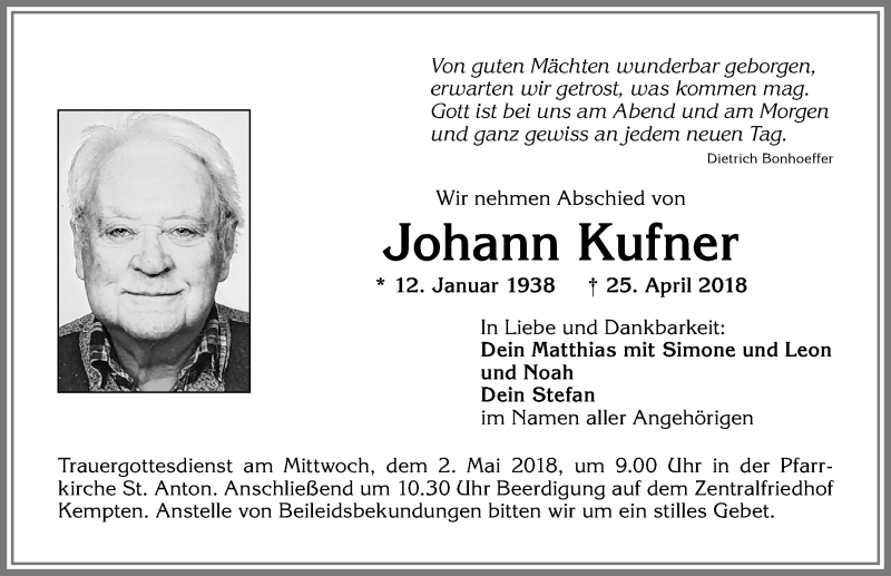 Traueranzeige von Johann Kufner von Allgäuer Zeitung,Kempten