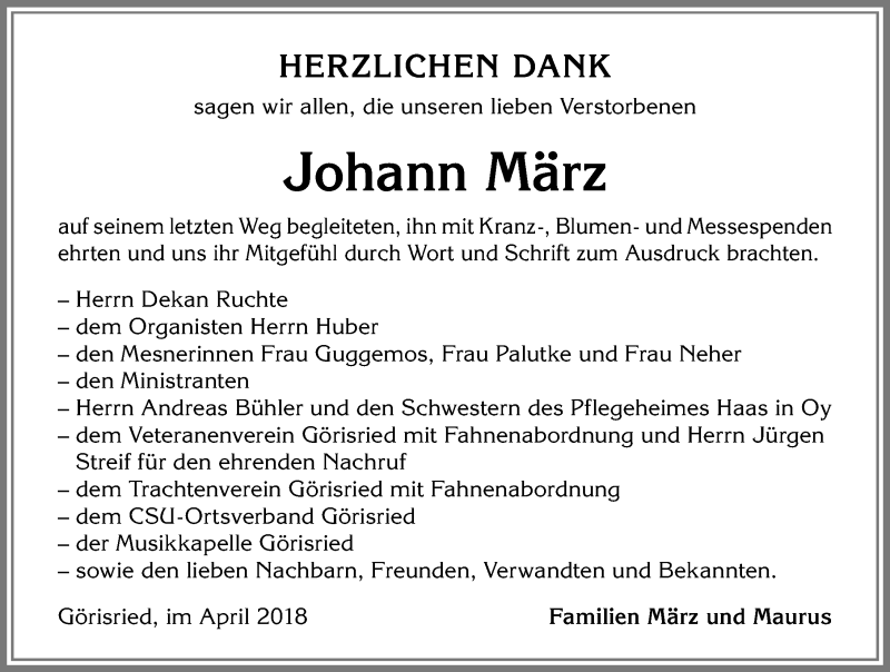 Traueranzeige von Johann März von Allgäuer Zeitung, Marktoberdorf