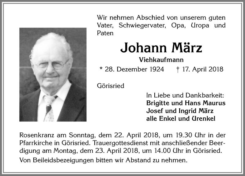 Traueranzeige von Johann März von Allgäuer Zeitung, Marktoberdorf