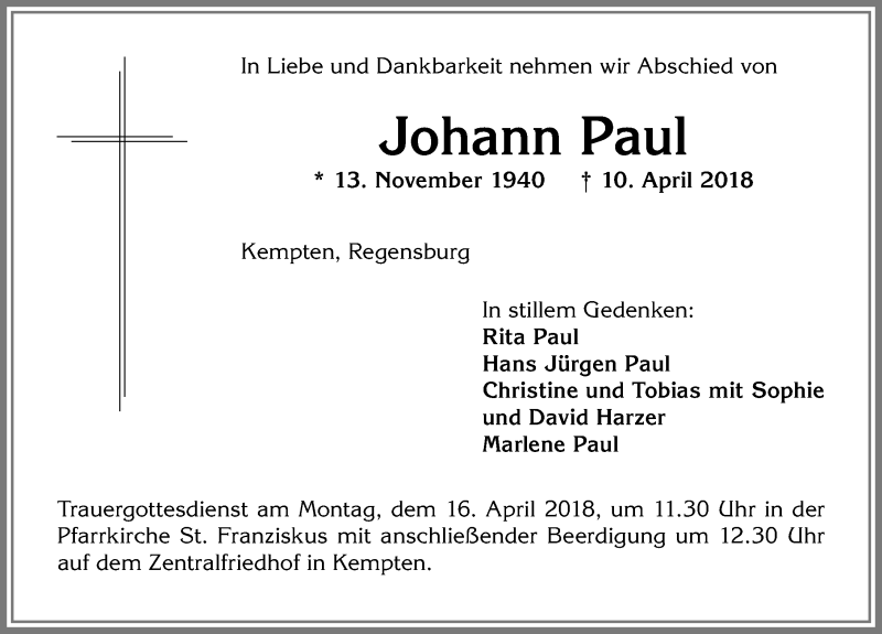 Traueranzeige von Johann Paul von Allgäuer Zeitung,Kempten